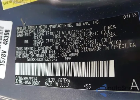 2013 Toyota Sienna Le V6 8 Passenger из США, поврежденный, VIN 5TDKK3DC0DS327672